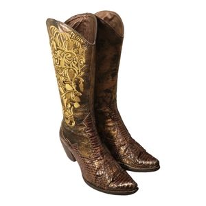 Vintage 90's Electra Gold Metallic Pointed Leather Western Style Boots/ Rave